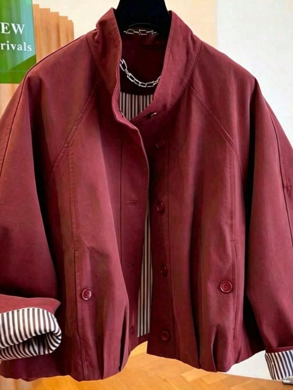 Angolan Red Casual Women's Loose Stand Collar Single Breasted Bomber Jacket Top